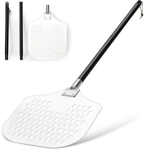 Herogo pizzaspade 30 cm stor perforerad pizzaspade långt handtag | Rektangulär pizzaspade av hårt anodiserat aluminium, yta pizzaspade med avtagbart handtag, 30,6 x 42,6 x 124,5 cm