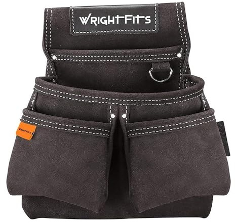 Heavy Duty Leather Tool Pouch Brown – 4 Pocket Tool Organiser & Tool Belt Pouch with Hammer Loop, Nail & Small Parts Holder, Metal D-Ring Electrician Work Pouch (Brown(Minor Stains)