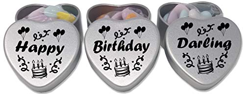 Happy Birthday Darling Gift. Set of 3 Silver Mini Heart Tins Filled With Chocolate Dragees. Ideal for Birthday. Tin size 45mm x 45mm x20mm. (Darling)