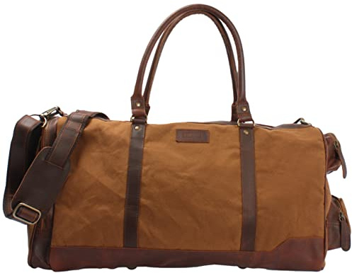 LECONI XL Reisetasche Sporttasche Canvas für Damen & Herren Canvas + Leder Weekender Unisex Handgepäck für die Reise 55x30x27cm Cognac LE2017-C