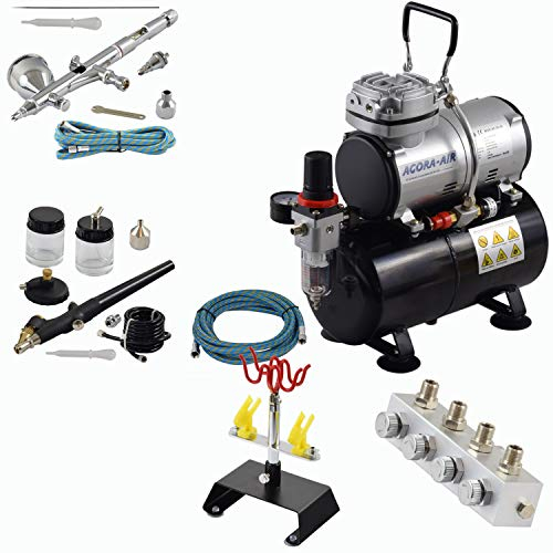 Agora-Tec® Airbrush Komplett-Set PROFI XVI.3, inkl. Kompressor mit 4 bar, 20l/min und 3 Liter Tank + 2 Airbrushpistolen mit 0,2 & 0,3 & 0,8mm Nadeln/Düsen + regelbaren 4-fach Luftverteiler + 4fach-Halter + 2 Schläuche + Adapter