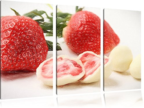 Pixxprint Erdbeeren mit Schokolade umhüllt, Leinwandbild 3 Teilig, Gesamtmaß: 120x80cm, Wandbild, Dekoration, fertig gespannt, Kein Poster