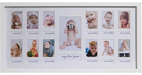 BD ART 23 x 50 cm Baby Bilderrahmen Mein erstes Jahr, Bildergalerie, Fotogalerie mit Passepartout und 12 Foto-Ausschnitten für Fotos 5 x 7 cm und 1 Foto 9 x 13 cm, Weiß