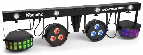 BeamZ Showbar FREE - Partybar Lichtanlage LED Bar DMX Disco Licht Party Lichter Discolicht Partylicht mit 2x PAR-Spots, 2x Derby-Lichteffekten und LED Strobo mit Fernbedienung und Tasche