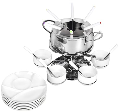 Ribelli Service à Fondue de 28 Pièces en INOX, 6X Fourchette, Cuillère, Assiette, Bol de Fondue au Fromage, Fondue à la Viande, pour 6 Personnes