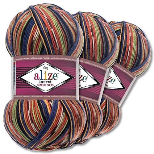 Wohnkult Alize 3x100g Superwash Comfort Sockenwolle 33 Farben zur Auswahl EIN-/Mehrfarbig Pullover Kleidung Wolle (2701)