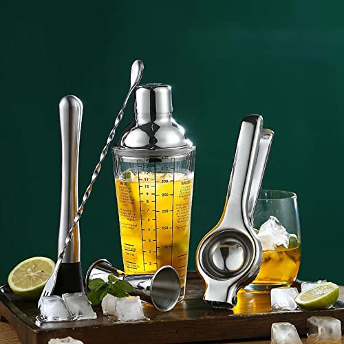 Coctelera de vidrio de 14 onzas impresa con recetas, mezcladora medida, tazas con cuchara medidora y barra de acero inoxidable, kit de barman