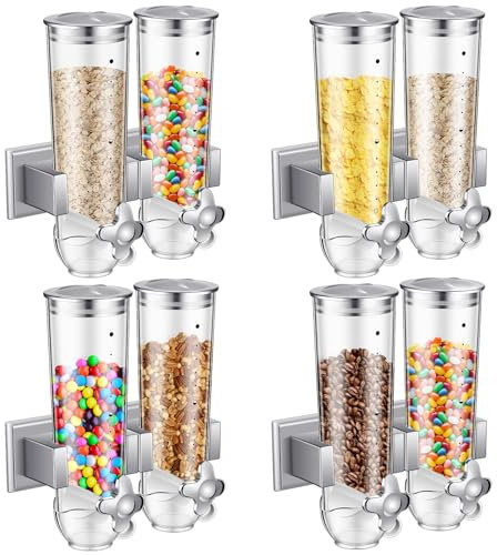 Huwena 4 Sets Cereal Containers Storage,3L Each Set Wall Mounted Cereal Dispenser Dry Food Dispenser Grain Storage Dispenser for Candy Oatmeal Coffee Bean Nuts Food Container (Silver)
