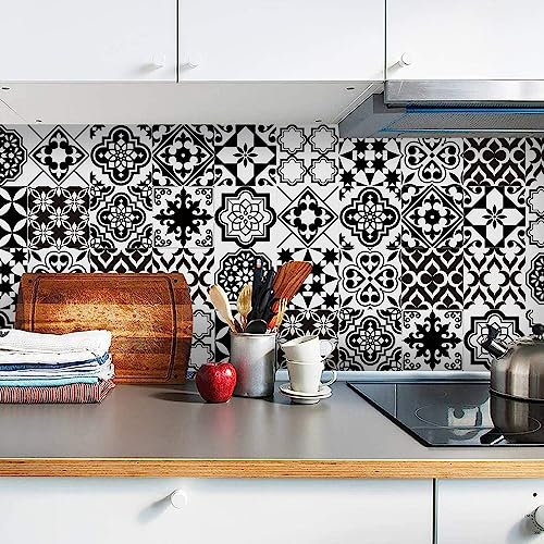 Ulticool Stickers de Décoration pour Carreaux - Fond Noir Blanc - 15x15 cm - 15 Pièces Film Autocollant - Autocollants de Carreaux pour Salle de Bain et Cuisine - Carreaux Adhésifs
