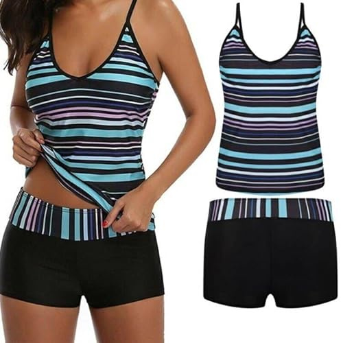 Women’s Two Piece Swimwear Gradient Color Tankini Set Top with Shorts Low Waist Sporty Swimsuit Bikini (UK, Numeric, 12, Regular, Regular, Blue+Black)