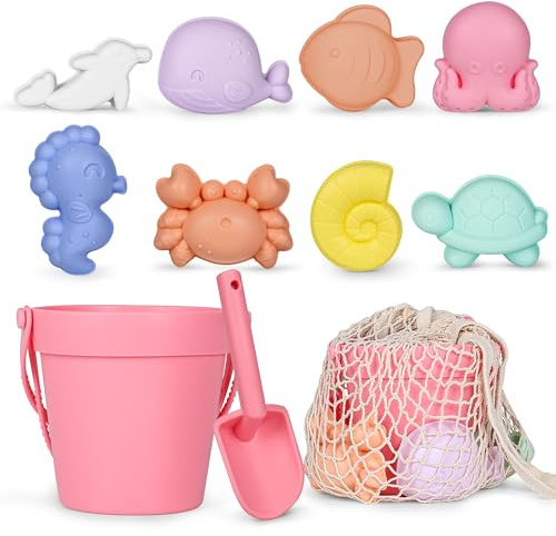 MarcZero 11Pcs Silicone Beach Toys,Modern Baby Beach Toys,Travel Friendly Beach Set,Eco Friendly Toy,Silicone Bucket, Shovel, 8 Sand Molds, Beach Bag,Silicone Sand Toys for Toddlers, Kids (Peach Pink)
