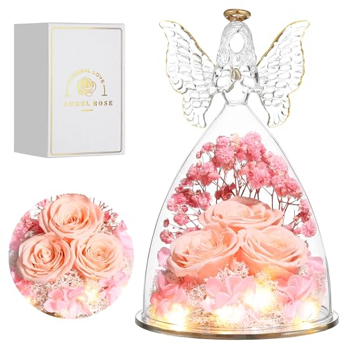 Tiaronics Mothers Day Rose Gifts for Women Preserved Real Flower in Glass Angel Figurines Roses for Delivery Prime Birthday Gifts for Mom Grandma Girlfriend Wife Her, Champagne