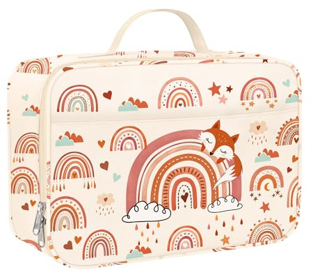 Clastyle Pink Rainbow Animals Kids Lunch Bag Large Thermal Cooler Bag for Girl Picnic School Toddler Lunch Box Tote, Fox