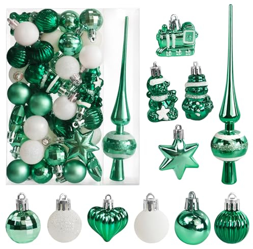 34 Stück SeeGrün Weihnachtskugeln mit Baumspitze Set,Ø3/4.5/5.5cm Kleine Christbaumkugeln Kunststoff Kugeln Mini Weihnachten Weihnachtsdeko Tischdeko Tannenbaum Weihnachtsbaum Deko Ornamente