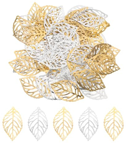 QUARKZMAN 50Stk Silber und 50Stk Gold Hohl Anhänger Blatt Legierung | durchbohrt Baum Blatt Metall Baum Blätter, 4.4x2.6cm, Für Herstellen Selbermachen Halskette Haarnadel