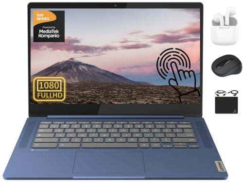 Lenovo Chromebook Laptop Slim Light Student Business 2024, pantalla táctil FHD de 14 pulgadas, 8 núcleos MediaTek Kompanio 520, 4 GB de RAM, 128 GB (64 GB eMMC + tarjeta de 64 GB), WiFi 6, largas
