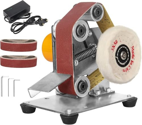 LIULIQ Small Electric Belt Machine, Vertical Belt-Sander with Red Grinding Wheel and Polishing Wheel, 7 Speed Adjustable, for Derusting, Metal Stripping Paint Polishing Wood, Handicraft Making