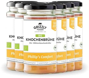 Grizzly Foods • BIO Hühnerknochenbrühe (6 x 240ml) • 10g Kollagen pro Glas • 72 Stunden lang gekocht • 100% natürlich • Ohne Zucker, ohne Zusätze • Wertvolle Nährstoffe • Bone Broth • Knochenbrühe