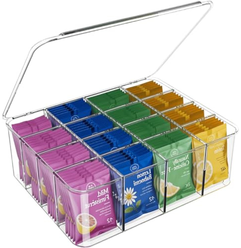 Rasydyn Tea Bags Organizer: Extra Large Tea Bag Holder with Lid - Drink Packets Organizer for Cabinet, Counter, Countertop, TeaBag Holder for 16 Different Types