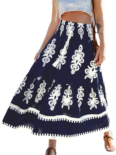 CUPSHE Jupe bouffante pour femme, style bohème, avec ceinture élastique et ceinture de liaison - Maxi jupe d'été décontractée pour les vacances - Jupe longue d'été pour femme, bleu foncé, M
