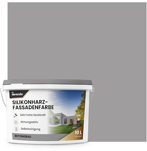 derendo Premium Silikonharz Fassadenfarbe Grau Wetterschutz Abperleffekt wie beim Lotus Blatt, inkl. Schutz vor Verunreinigungen durch hochwertige Silikonharz-Beschichtung Betongrau, 2,5l