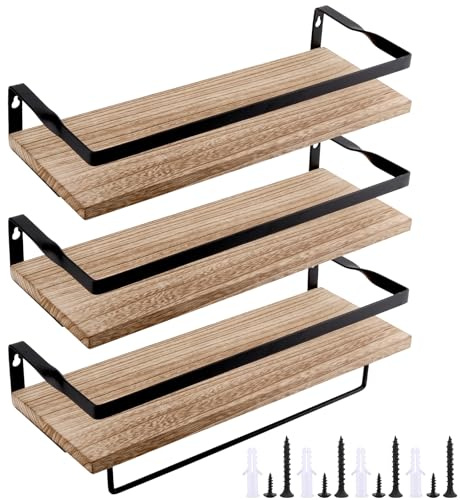 CHUENKUK Rustikales Wandregal Küche Set mit Handtuchhalter, 40 x 15 x 1,5 cm 3 stufig Holz KüChenregal HäNgend mit Schraube und Ausdehnungsrohr für Küche, Bad und Wohnzimmer, Hellbraun