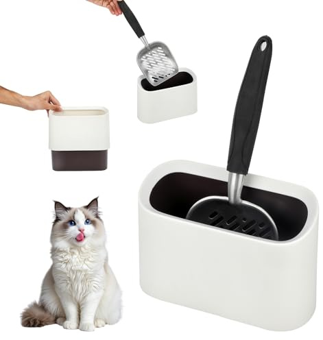 Mfsdai Katzenstreuschaufel mit Behälter Aluminiumlegierung Katzenklo Schaufel Tiefer Schaufel mit Ergonomischer und Bequemer Griff Poop Sieben（Weiß）