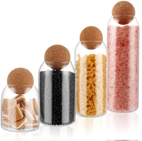 DAJAVE 4er Gläser mit Korkkugel, 1500ML+1200ML+800ML+500ML Glas Lebensmittel Vorratsglas, Lebensmittelechte Klarglas Vorratsgläser mit Deckel für Kaffee Vorratsglas für Gewürze, Zucker, Kaffee, Kekse