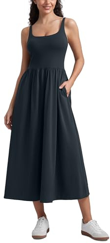 CRZ YOGA Square Neck Maxi Dress for Women - Flowy Sleeveless Padded Travel Casual Outfits with Side Pockets True Navy Medium