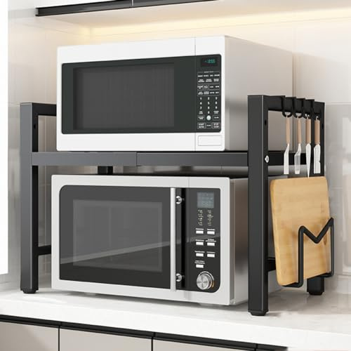 Griglia regolabile per forno a microonde a 2 livelli con 6 ganci, robusta soluzione di archiviazione espandibile in metallo per cucina casalinga.