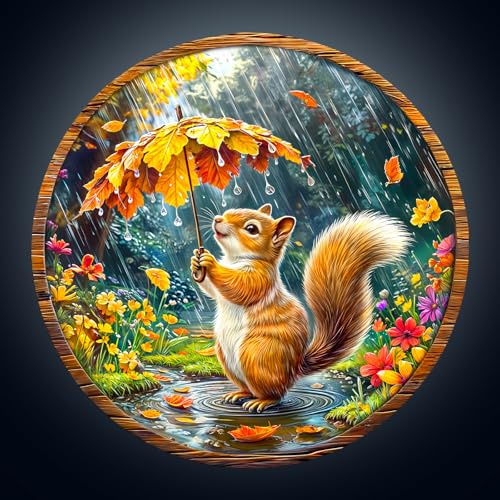 Wooden Puzzles for Adults, Umbrella Squirrel Dreams Wood Jigsaw Puzzles | Unique Animal Shape Puzzles with Wood Box, 34 * 33.9cm Wooden Puzzle for Family Game and Birthday Gifts for Friend