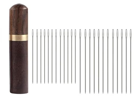 WUTA 24 Pcs Leather Sewing Needles with Black Wood Case, Round Point Large Eye Stitching Needles, Stainless Steel Hand Sewing Needle for Leathercraft(S+L)