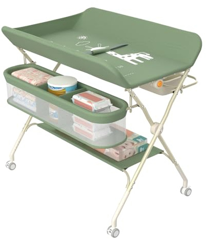 Homewell - Mesa cambiador plegable, 5 ajustes en altura, mesa de pañales plegable con estantes de almacenamiento, cinturón de seguridad y regla de altura, portátil, para recién nacidos, 0-12 meses