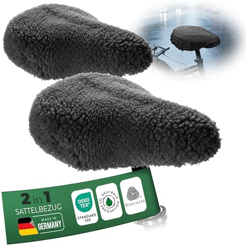 Novaliv Sattelwärmer 2-in-1 schwarz bequemer & komfortabler Regenschutz - Lammfell Bike Cap elastisches Gummiband - Made in Germany - wasserdichter Sattelbezug wendbarer Sattelüberzug Universalgröße