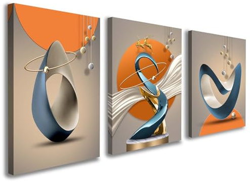 Set of 3 Canvas Wall Art, Modern Abstract Geometric Artwork for Living Room, Luxury Blue Gold and Orange Wall Decoration for Bedroom, Hallway or Staircase with Hooks and Magic Tape, 12x16 Inch