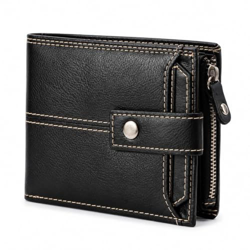 Thread & Stitch Leather Wallets for Men,Genuine Leather Bifold with Coin Pocket, 10 Credit Card Slots, 2 Banknote Compartments & ID Window, RFID Protection, Gift Box Included (Black)