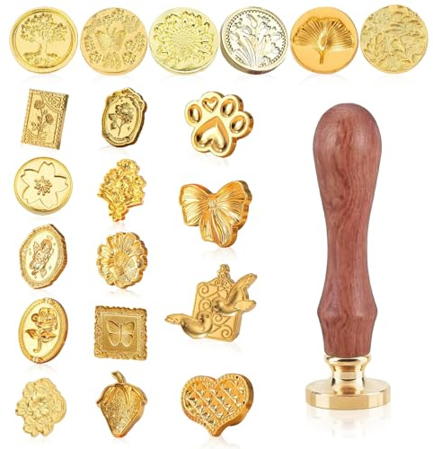 FDHBDF Wachssiegel Siegelstempel Set, 20 Stück Metall Siegelköpfe mit Holzgriff, Siegelwachs Set für Hochzeit Einladungen Geschenke Brief Scrapbooking Dekoration