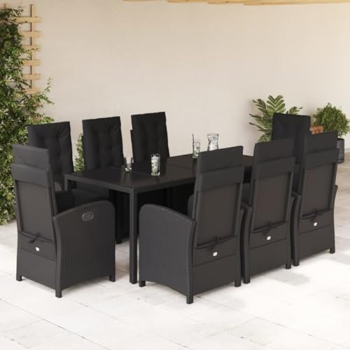 Ziaphsol 9-TLG. Trädgårdsmatgrupp svart av poly rotting, justerbara stolar med kudde, härdat glasbord för terrass, balkong, matplats, UV-resistent