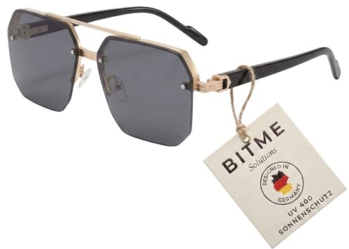 BitME Solutions Vintage Sonnenbrille Damen & Herren – Große Gläser – Retro Sonnenbrille Rechteckig – [UV400 Schutz] – Eckige Oversized Brille 90er Jahre Design für Festival & Party – Gold