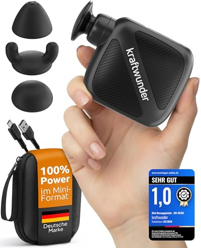kraftwunder Mini Massagepistole - Kompakt & flüsterleise für Nacken, Rücken & Triggerpunkte - Effektive Tiefenwirkung mit 6 mm Hub, 4 Stufen, 230 g leicht, USB-C, inkl. Case & Silikonköpfe (Schwarz)