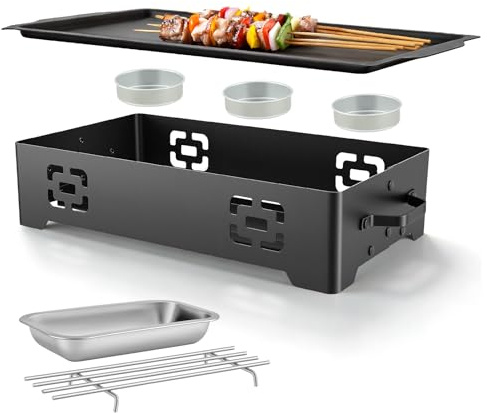 Placa Calefactora para Barbacoa 37.5×20.5 cm, Bandeja para Calentar la Parrilla, Placa de Calentamiento para Barbacoa, Compatible con Vela, Carbón, Pastilla Combustible, Ideal para Camping, Fiestas