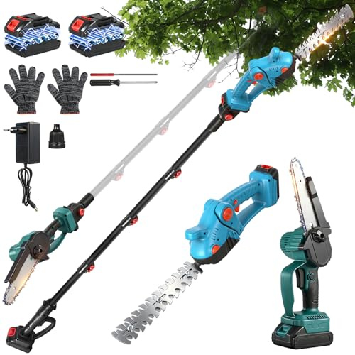 4-in-1 Akku Heckenschere Kettensäge mit Teleskopstange 21V | 4-in-1 Aufsatzsystem mit Verlängerungsstange, Reinkupfermotor und 2×2,0Ah Akku für Hecken- und Baumschnitt.