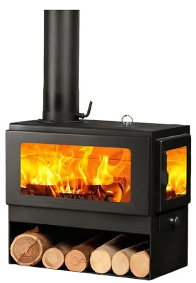 Estufa de leña, calefacción interior para hasta 170 pies cuadrados, placa de acero duradera con ventana de vidrio grande, incluye tubos de chimenea