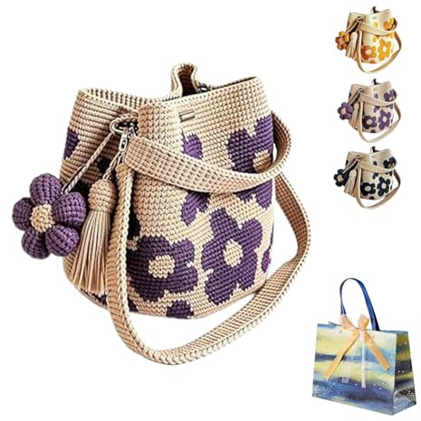 Gienslru Borsa a Secchiello all'Uncinetto Fatta a Mano, Stile Boho con Fiori, Tracolla Regolabile, Charm Floreale Rimovibile