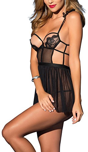ALLoveble Women's Sexy Lace Lingerie Dress Cupless Strappy Chemise babydoll Nightwear (M, Black)