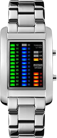 Uomo Binario Orologi da Polso Donna Subacqueo 50M Impermeabile 4 Colore LED Controluce Data Calendario Outdoor Sportivo Acciaio Inossidabile Orologio Unico Elegante Design Rettangolare Dial (Argento)