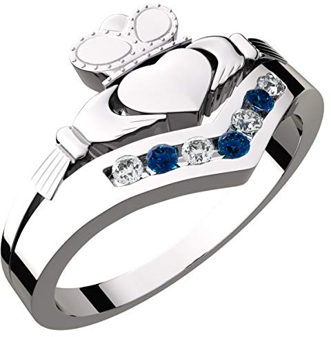 GWG Jewellery Claddagh Ring Sterlingsilber mit Saphirblauem Stein verziert in Geschenkbox für Frauen