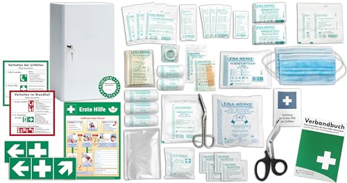 Erste Hilfe Schrank-Medizinschrank-Verbandschrank (247x110x343) -Komplettpaket- Füllung nach AKTUELLER DIN/EN 13157 (Betriebe) + viele Extras INKL. Verbandbuch + Aushang + Folienaufkleber