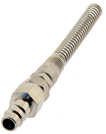 Kupplungsstecker NW5 mit Schlauchanschluss 8 x 6 mm, Überwurfmutter, Knickschutz Messing vernickelt