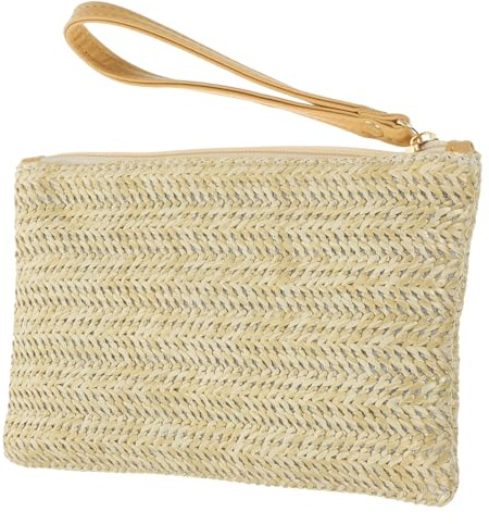 Lurrose Straw Clutch Bag with Zipper Bohemian Wristlet for Women Summer Beach Purse Handbag 8.3X4.5X0.8 Inch
